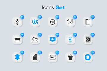 Set T-shirt on hanger, Sewing machine, Leather, button for clothes, thread spool and Thimble sewing icon. Vector