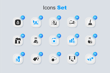 Set Broken oil pipe with valve, Oil petrol test tube, pump or pump jack, price increase, drop dollar symbol and Canister for gasoline icon. Vector