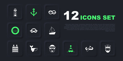Set Kayak and paddle, Captain of ship, Nautical rope knots, Floating buoy, Ship porthole, Whale, Anchor and Sailor icon. Vector