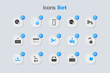 Set Hanging sign with text Closed, Market store, Discount card percent, Shopping cart on screen laptop, Location cardboard box, Paper shopping bag, tag and Scissors cuts discount coupon icon. Vector