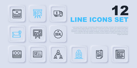 Set line Resume, Monitor with graph chart, Bank building, Mail and e-mail, Sell button, Board and Employee hierarchy icon. Vector