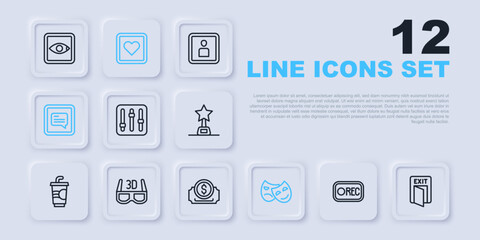 Set line Record button, Fire exit, Sound mixer controller, Comedy and tragedy masks, Video with subtitles, 3D cinema glasses, Like heart and Cinema ticket icon. Vector
