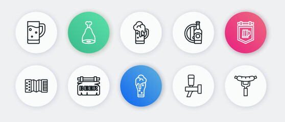 Set line Glass of beer, Street signboard with, Accordion, Beer tap, bottle and wooden barrel, Sausage the fork and icon. Vector
