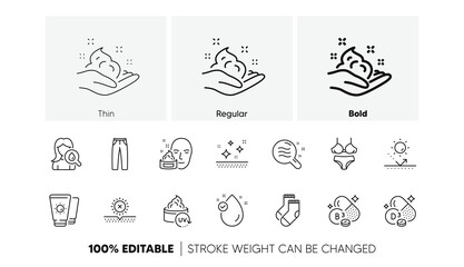 Niacin vitamin, Cholecalciferol and Clean skin line icons. Pack of Vitamin e, Face cream, Lingerie icon. Socks, Uv protection, Pants pictogram. Sunscreen, Skin care, Sun protection. Line icons. Vector