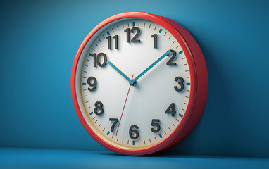 Red Analog Clock On Blue Wall:A Red Analog Clock With Black Numbers Is Placed on a Blue Wall. The Hands of the Clock Point to 11