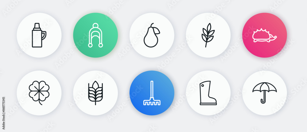 Sticker Set line Garden rake, Hedgehog, Four leaf clover, Waterproof rubber boot, Leaf, Pear, Umbrella and Wheat icon. Vector