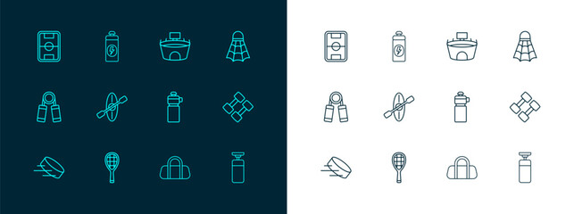 Set line Badminton shuttlecock, Tennis racket, Fitness shaker, Sport bag, Kayak and paddle, Stadium, Football field and icon. Vector