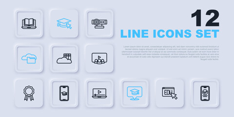 Set line Online education, quiz, test, survey, Cloud or online library, Graduation cap speech bubble, mobile, with cursor and play video icon. Vector