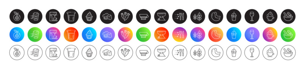 Coffee maker, Gluten free and Grill line icons. Round icon gradient buttons. Pack of Medical food, Food delivery, Coffee cocktail icon. Carrots, Cake, Wine glass pictogram. Vector