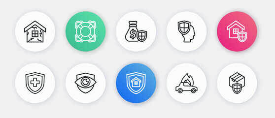 Set line House with shield, Life insurance, Burning car, Money bag, Delivery security and Shield and eye icon. Vector