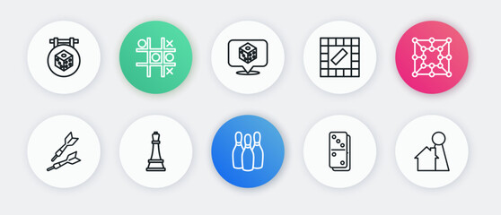 Set line Bowling pin, Board game, Dart arrow, Domino, Game dice, Chip for board and Chess icon. Vector