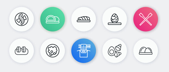 Set line Asian noodles in paper box, Food chopsticks, Sushi, Chicken egg with vegerables, Chinese tea, Fish steak, and Rice bowl icon. Vector