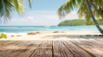 Summer product display on wooden at sea tropical beach