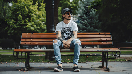 Man in graphic tee and distressed jeans sitting on park bench