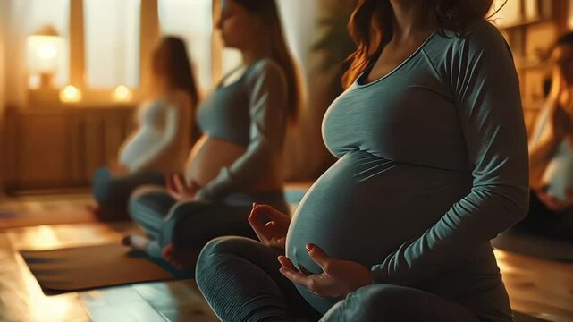 A pregnant woman in gym clothes sits on a yoga mat at a fitness gym and touches her belly