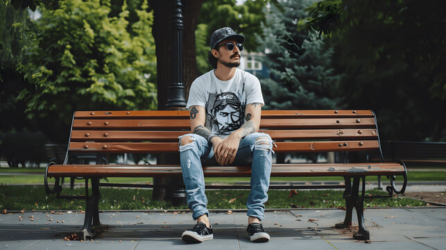 Man in graphic tee and distressed jeans sitting on park bench