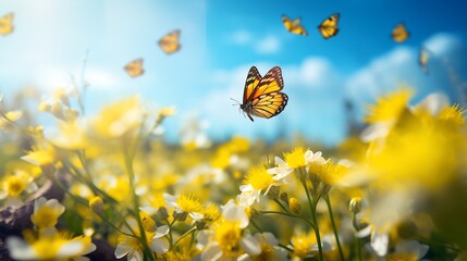 yellow roses in spring with butterflies
