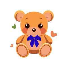 A cute teddy bear with a blue bow around his neck surrounded by little hearts