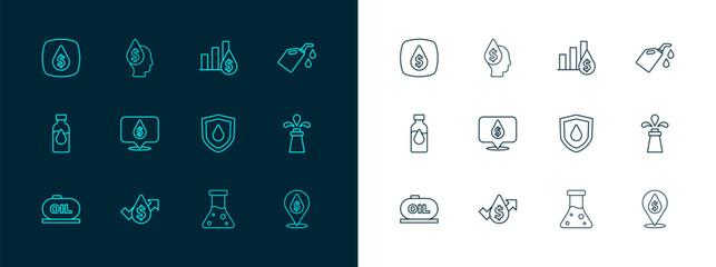 Set line Canister for motor machine oil, Oil price increase, drop on shield, petrol test tube, with dollar symbol, Pie chart and, and icon. Vector