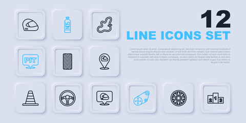 Set line Alloy wheel for car, Award over sports winner podium, Car tire, Timing belt kit, Pit stop, Racing steering, Nitrous oxide and helmet icon. Vector