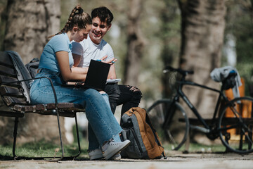 Obraz premium Two friends engaged in studying and discussing educational material outdoors, enjoying the natural park setting.