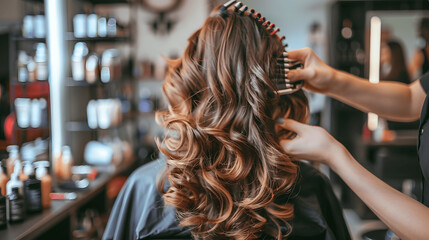 Fototapeta premium Woman in salon chair with stylist curling hair