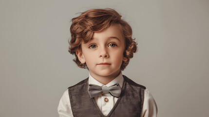 Young boy in vest and bow tie posing against simple background