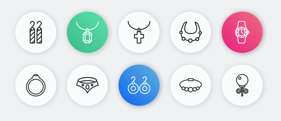 Set line Earrings, Wrist watch, Diamond engagement, Bracelet jewelry, Necklace, Christian cross chain, Stud earrings and icon. Vector