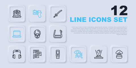 Set line Hologram, Network cloud connection, Planet earth and radiation, Eye scan, Laptop, Speech bubble chat, Futuristic weapon and USB flash drive icon. Vector