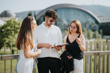 Business associates discussing marketing strategies and brainstorming ideas outdoors at an urban city downtown. Colleagues using technology in a creative and collaborative setting.