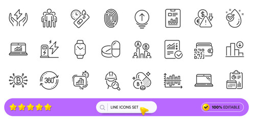 Qr code, Swipe up and Online statistics line icons for web app. Pack of Covid test, Thiamine vitamin, Water drop pictogram icons. Checked calculation, Charging station, Smartwatch signs. Vector