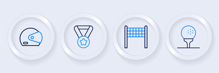 Set line Golf ball on tee, Volleyball net, Medal and Racing helmet icon. Vector