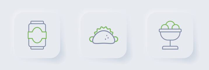 Set line Ice cream in the bowl, Taco with tortilla and Soda can icon. Vector