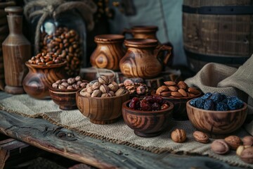 A rustic setup with an assortment of raw nuts and dried fruits in small wooden bowls.