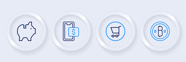 Set line Cryptocurrency coin Bitcoin, Shopping cart, Mobile shopping and Piggy bank icon. Vector