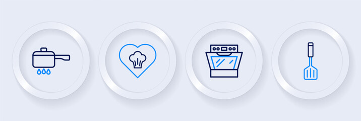 Set line Spatula, Oven, Chef hat and Cooking pot on fire icon. Vector