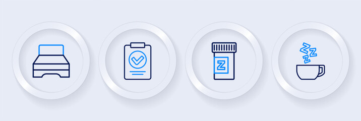 Set line Chamomile tea, Sleeping pill, Medical prescription and Big bed icon. Vector