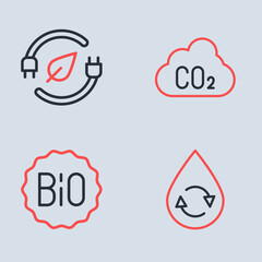 Set line CO2 emissions in cloud, Banner for bio, Recycle clean aqua and Electric saving plug leaf icon. Vector