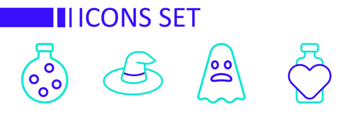 Set line Bottle with love potion, Ghost, Witch hat and icon. Vector