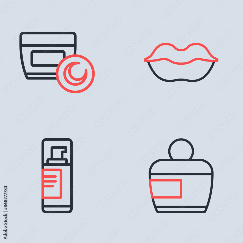 Sticker set line smiling lips, shaving gel foam, cream or lotion cosmetic tube and icon. vector