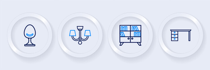 Set line Office desk, Library bookshelf, Chandelier and Armchair icon. Vector