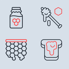 Set line Honey dipper stick, Honeycomb, Bread with honey and Jar of icon. Vector