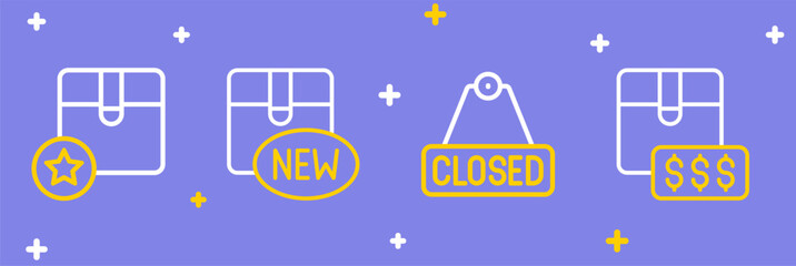 Set line Item price tag with dollar, Hanging sign text Closed, New collection and Carton cardboard box icon. Vector