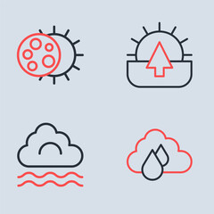 Set line Sunrise, Fog and cloud, Cloud with rain and Eclipse of the sun icon. Vector