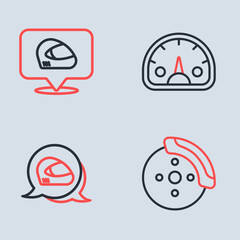 Set line Speedometer, Racing helmet, Car brake disk with caliper and icon. Vector