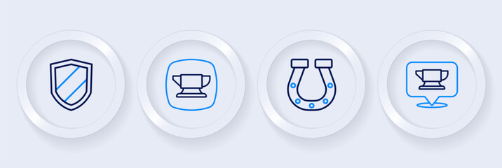 Set line Blacksmith anvil tool, Horseshoe, and Shield icon. Vector