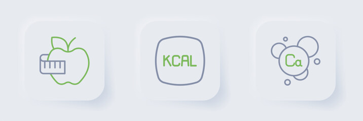 Set line Calcium, Kcal and Apple and measuring tape icon. Vector