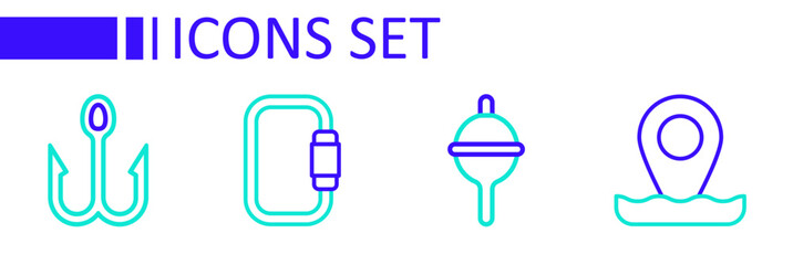 Set line Location fishing, Fishing float, Carabiner and hook icon. Vector