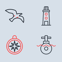 Set line Lighthouse, Compass, Submarine and Bird seagull icon. Vector