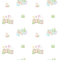 Seamless pattern with watercolor Easter basket, eggs and flowers